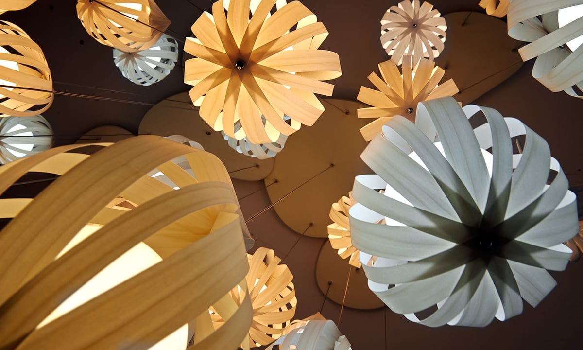 Attractive composition-of-lamps-made-of-wood-veneer-strips-in-the-shape-of-raindrops