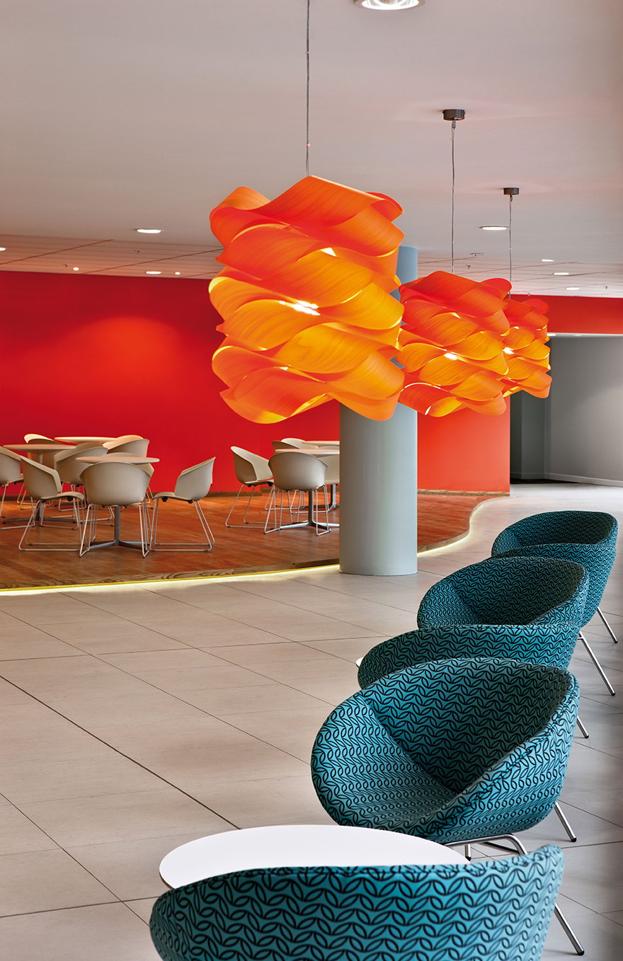 Colorful lobby-illuminated-with-LZF's-orange-wood-veneer-lamps