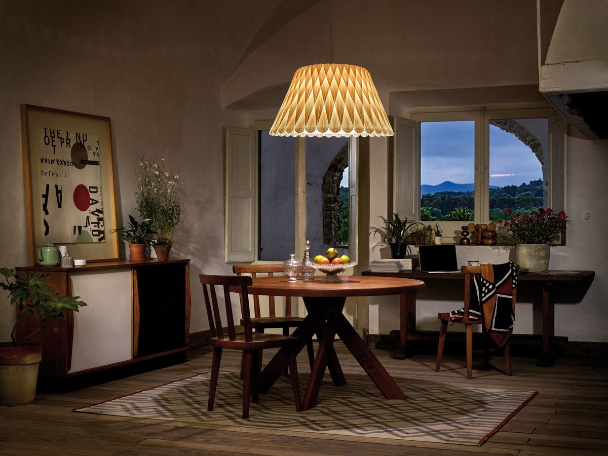 illuminated kitchen-table-with-conical-lamp-with-geometric-pattern-in-natural-beech-veneer-by-LZF