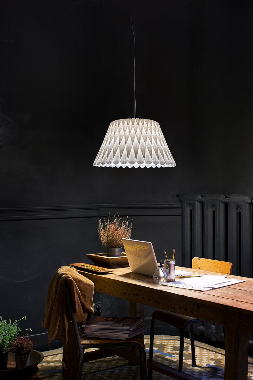 Study area-illuminated-by-conical-lamp-with-geometric-pattern-in-natural-wood-veneer-from-LZF